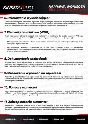 Cennik usług PDR - usuwanie wgnieceń bez lakierowania - opis usług