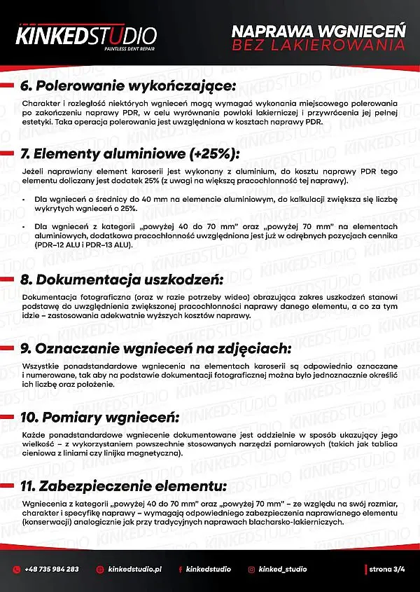 Cennik usług PDR - usuwanie wgnieceń bez lakierowania - opis usług