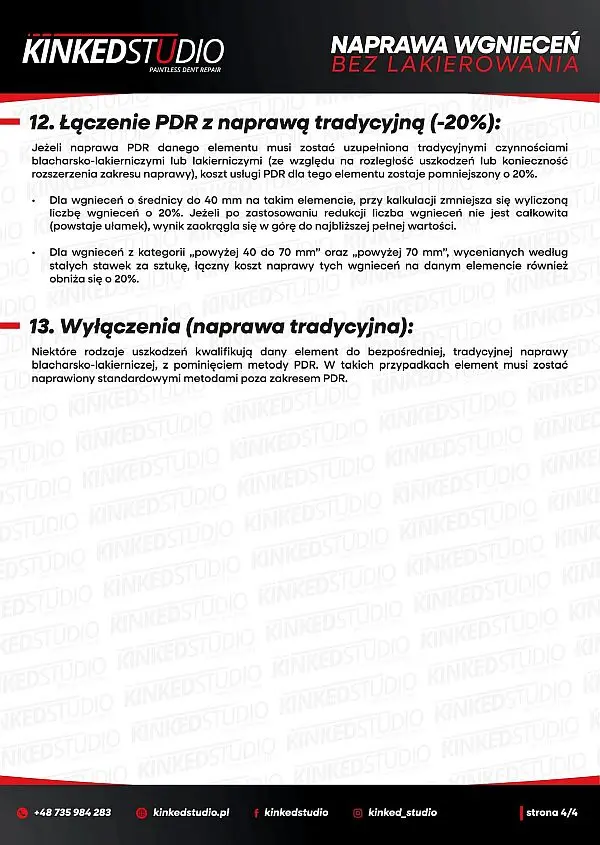 Cennik wyciągania wgnieceń metodą PDR - objaśnienie